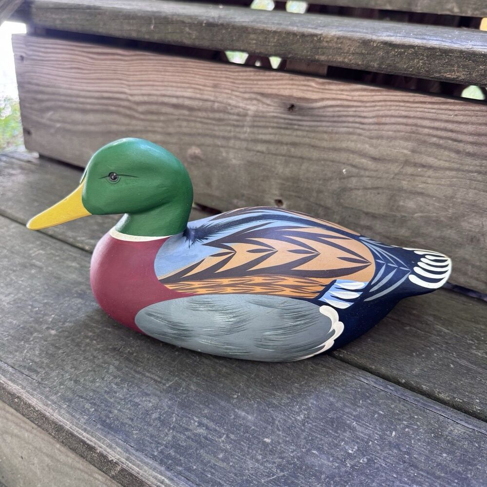 Vintage Wood Hand Carved Painted Mallard Duck Decoy Figure Glass Eyes Taiwan